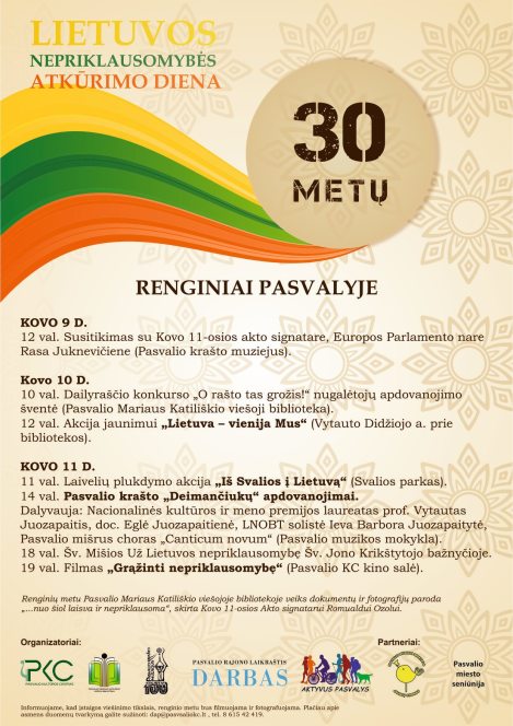 Kovo 11-osios, Lietuvos Nepriklausomybės atkūrimo dienos, minėjimo renginiai Pasvalio rajone