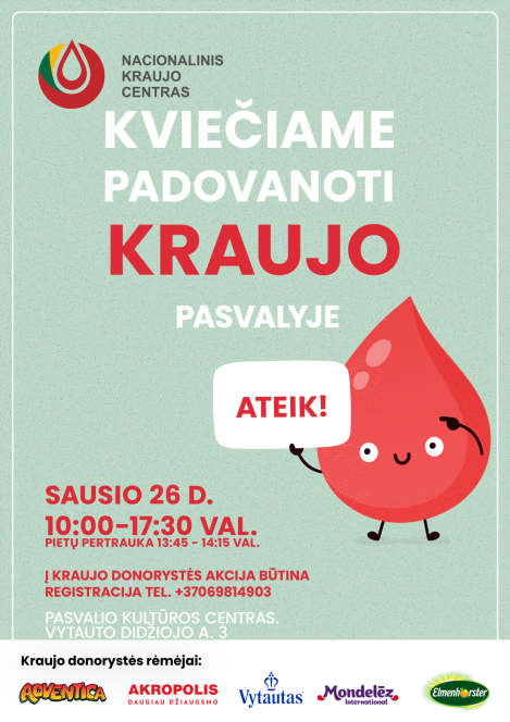 Sausio 26 dieną – kraujo donorystės akcija Pasvalyje