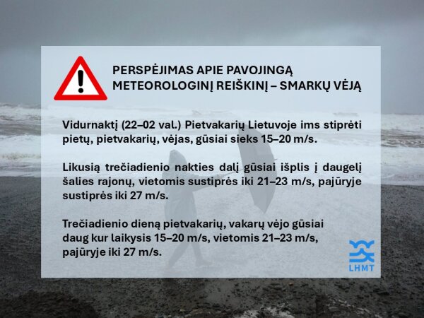 Lietuvos hidrometeorologijos tarnyba įspėja: artinasi smarkus vėjas