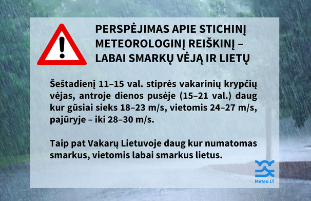 Perspėjimas apie stichinį meteorologinį reiškinį – labai smarkų vėją ir lietų