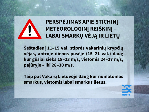 Perspėjimas apie stichinį meteorologinį reiškinį – labai smarkų vėją ir lietų